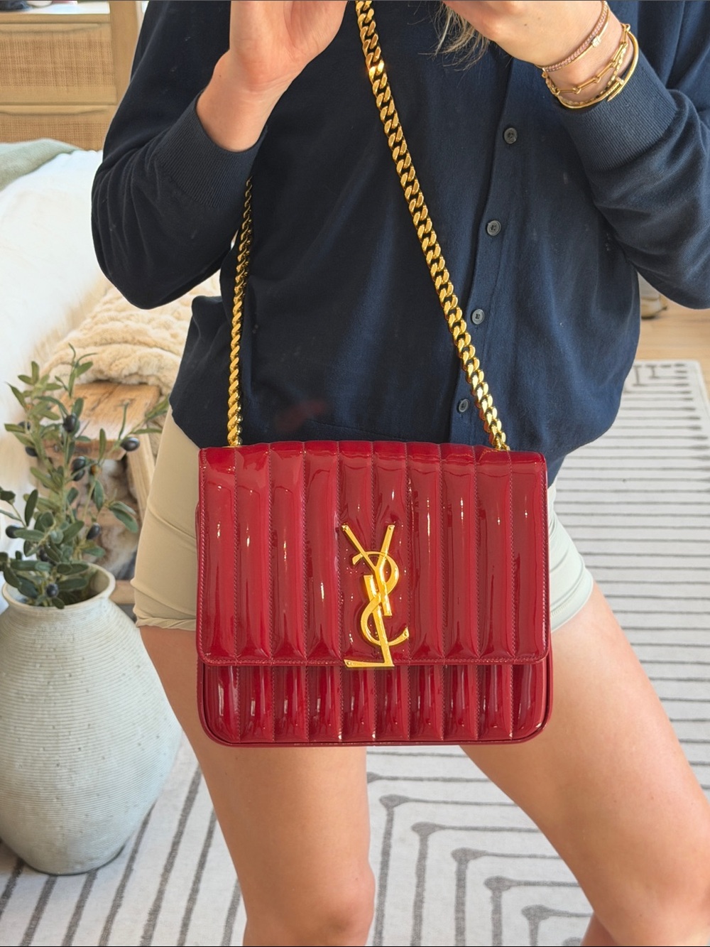 Saint Laurent Red Patent Quilted Shoulder Bag with Gold Chain